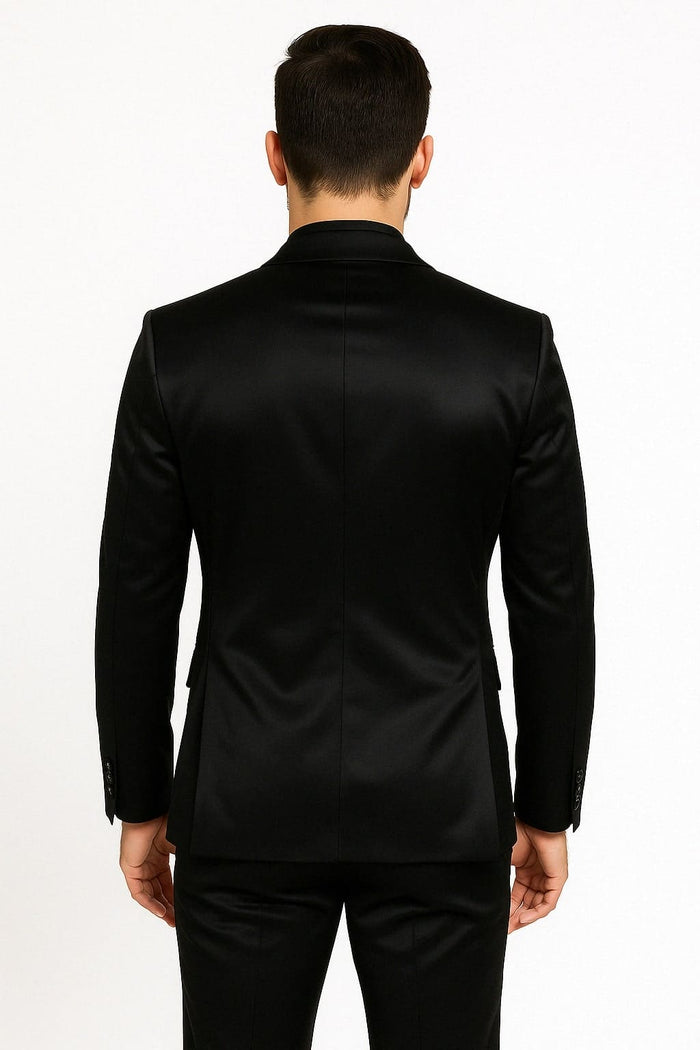 Black Satin Flex Two-Piece Suit Slim Fit Sport Coat and Matching Pants