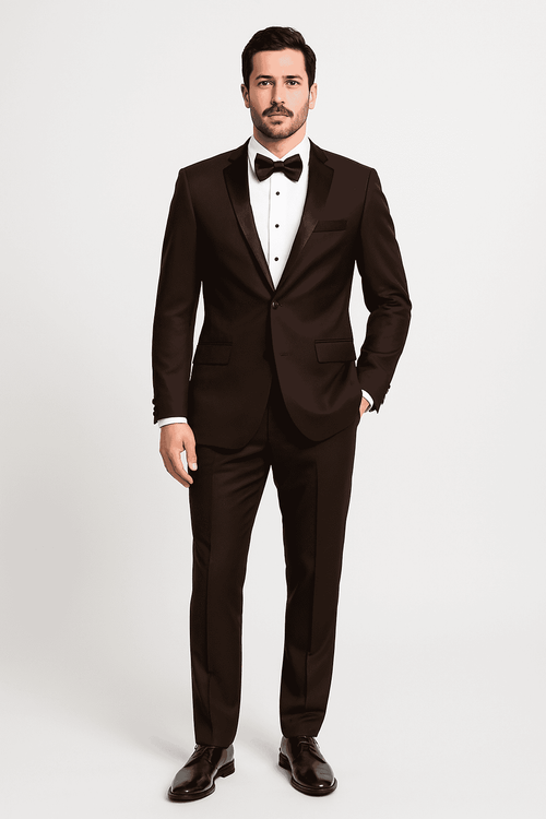 Mens Chocolate Brown Tuxedo with Black Satin Peak Lapel – Formal Wedding and Prom Suit