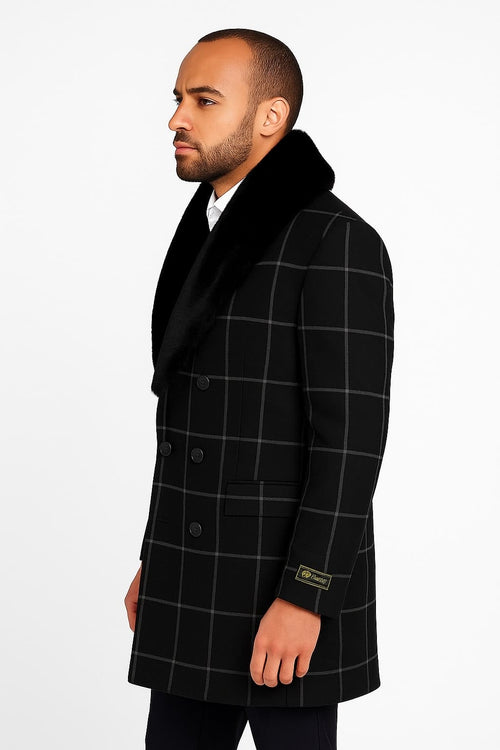 Mens Black Windowpane Wool Overcoat with Faux Fur Shawl Collar â€“ Double-Breasted Long Coat