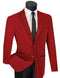 Red tailored suit with single-button closure, notched lapels, and black piping. Worn with a black tie. Smooth, structured fabric.
