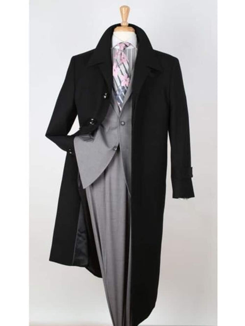 Mens Black Overcoat - 100% Wool Gabardine Black Wide Lapel Top Overcoat