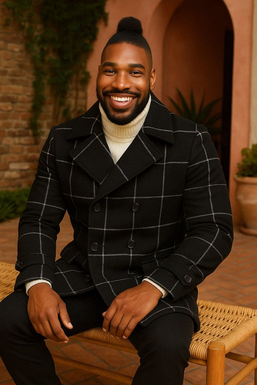 Mens Black Windowpane Check Wool Overcoat â€“ Double-Breasted Winter Peacoat