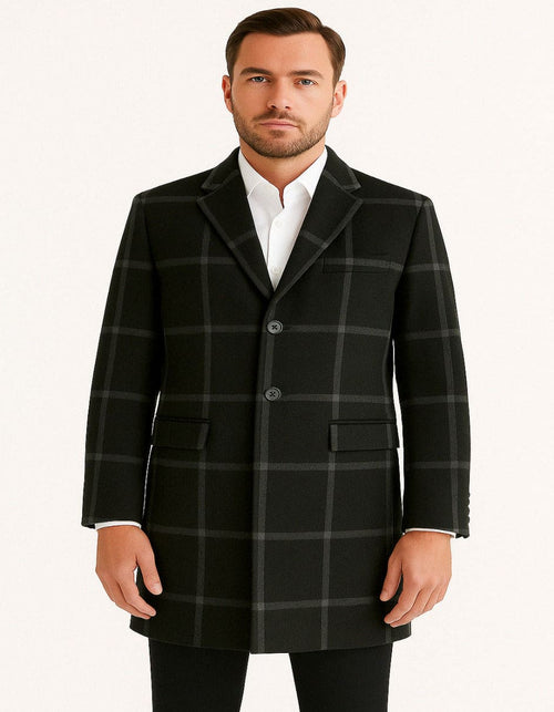 Mens Black Windowpane Wool Overcoat â€“ Big Plaid Pattern Classic Checkered CarCoat