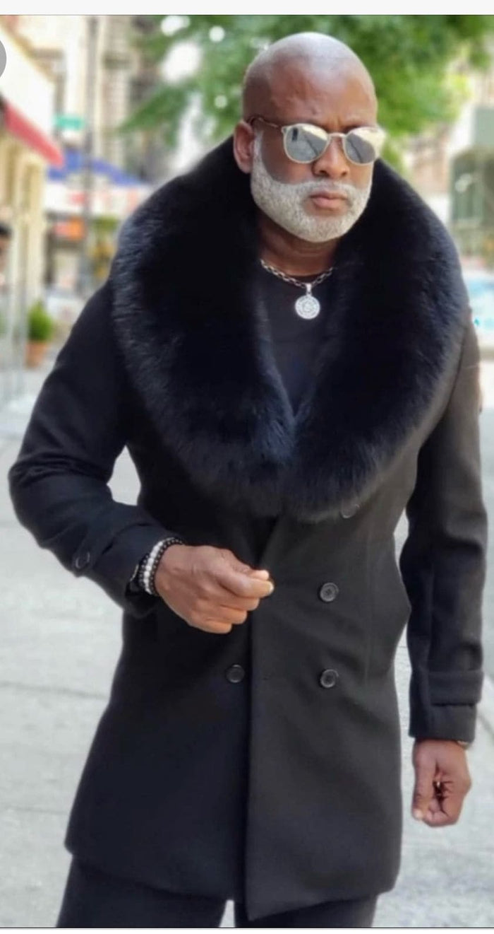 Mens Black Double-Breasted Overcoat with Oversized Faux Fur Collar â€“ Winter Luxury Coat