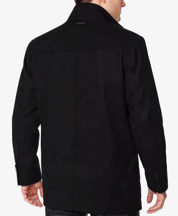 Men's black wool car coat: modern fit, straight silhouette, high collar, long sleeves. Smooth, solid black fabric. Minimalist design.
