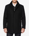 Men's black wool car coat: modern, straight fit. High collar, seamless long sleeves, solid black. Features side pockets and button closure. Mid-thigh length for a streamlined look.
