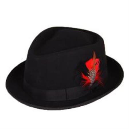 Men's black wool fedora hat. Rounded, tapered crown, wide brim. Adorned with red and black feathers on the side. Classic and stylish.
