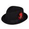 Men's black wool fedora hat. Rounded, tapered crown, wide brim. Adorned with red and black feathers on the side. Classic and stylish.
