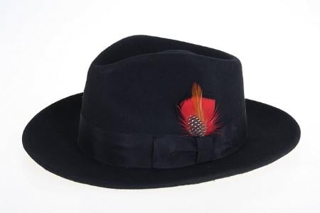 Black wool fedora for men. Slightly curved brim, pinched crown, and decorative feather on the band. Classic dress hat.

