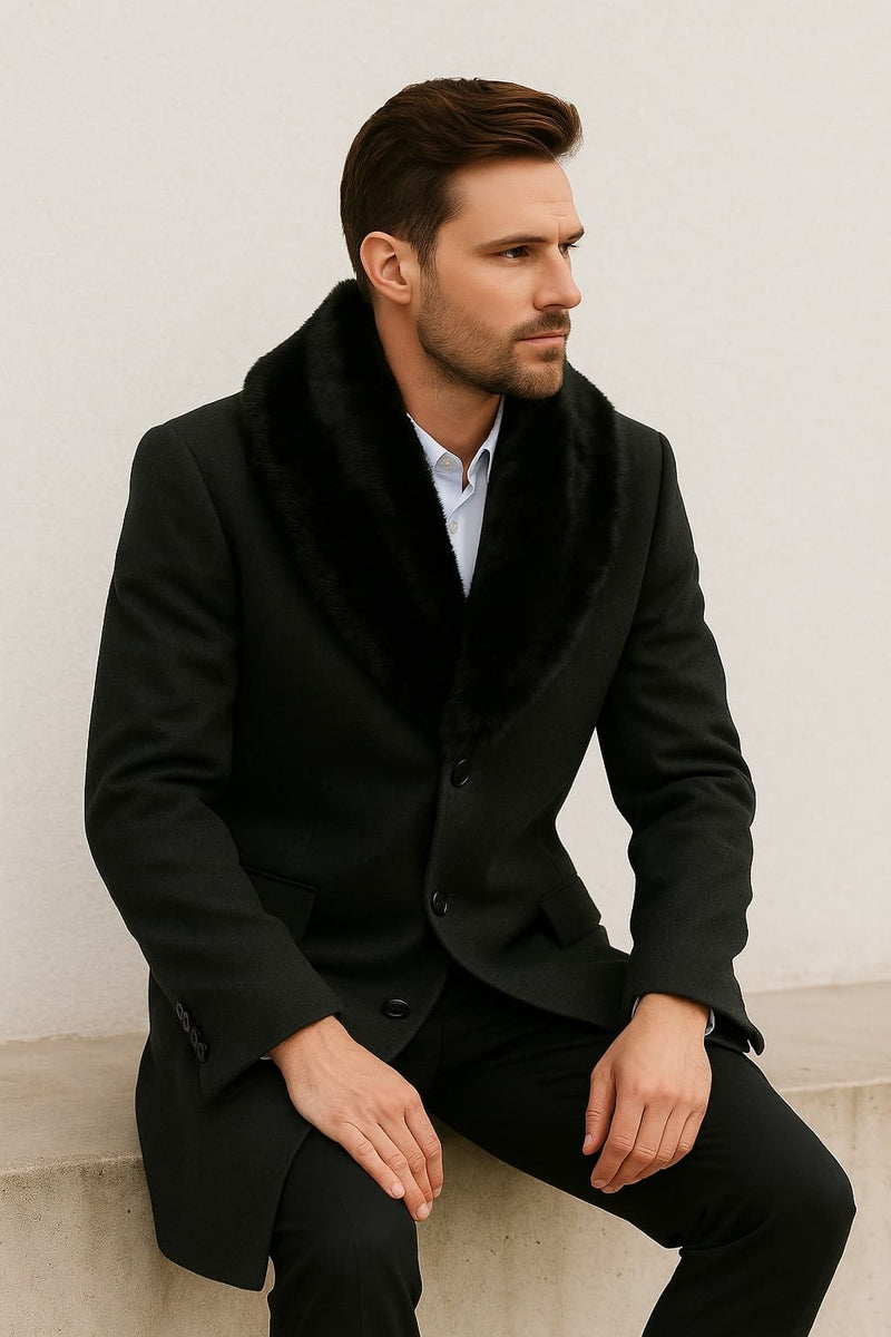 Mens Black Wool Overcoat with Black Faux Fur Collar â€“ Luxury Winter Dress Coat