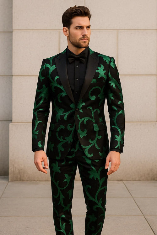 Mens Black and Emerald Green Velvet Floral Tuxedo Suit – Slim Fit 2 Piece Formalwear for Weddings and Events Slim Fitted