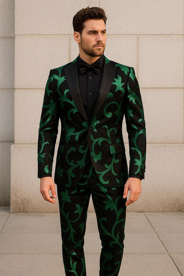 Mens Black and Emerald Green Velvet Floral Tuxedo Suit â€“ Slim Fit 2 Piece Formalwear for Weddings and Events Slim Fitted