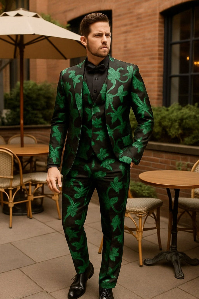 Mens Black and Emerald Green Velvet Floral Tuxedo Suit â€“ Slim Fit 2 Piece Formalwear for Weddings and Events Slim Fitted