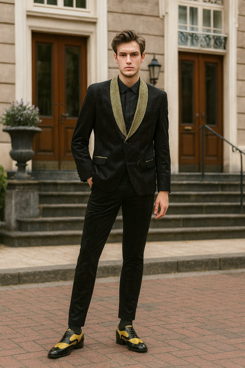 Black jacquard tuxedo blazer with gold shawl collar. Fitted shape, sleek textured material, subtle pattern. Paired with black trousers for a uniform, luxury look.
