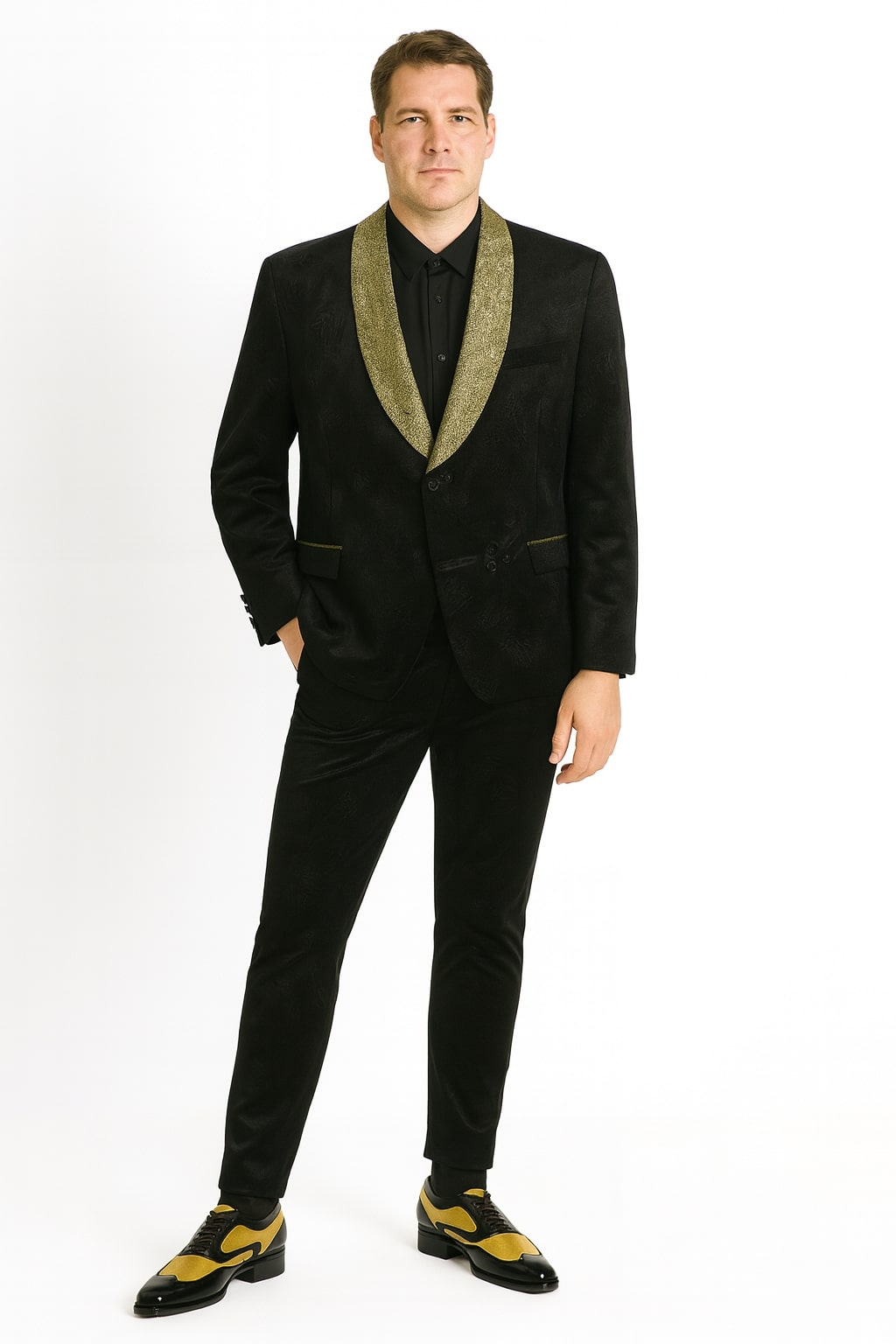 Mens Black and Gold Jacquard Tuxedo Blazer – Luxury Shawl Collar Wedding and Party Smoking Jacket
