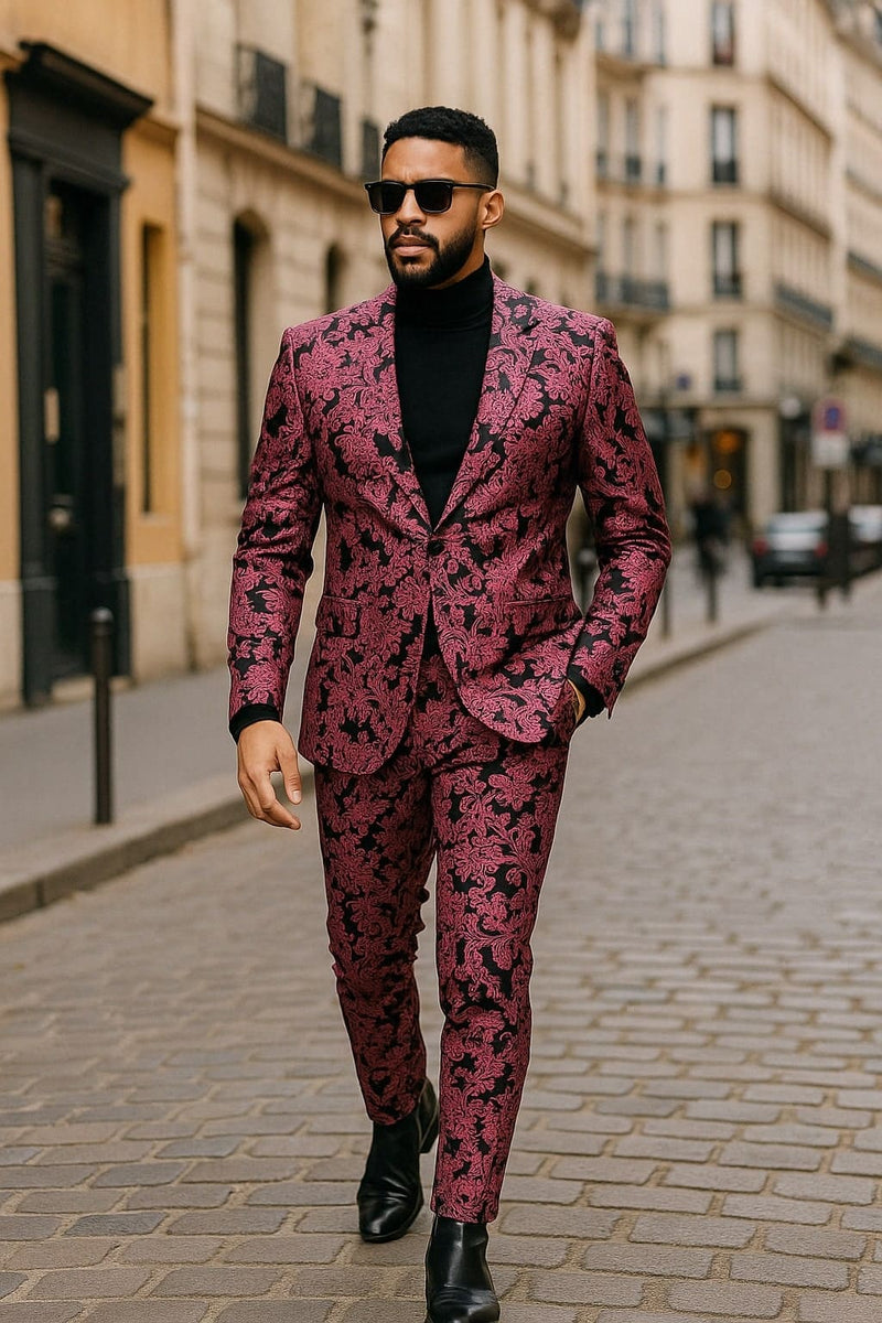 Mens Black and Pink Floral Tuxedo Suit â€“ Magento Fucia Plumish Color Slim Fit 2 Piece Embroidered Outfit for Weddings, Prom and Formal Events