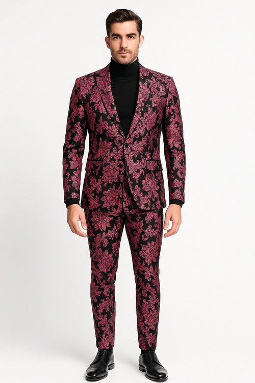 Mens Black and Pink Floral Tuxedo Suit â€“ Magento Fucia Plumish Color Slim Fit 2 Piece Embroidered Outfit for Weddings, Prom and Formal Events