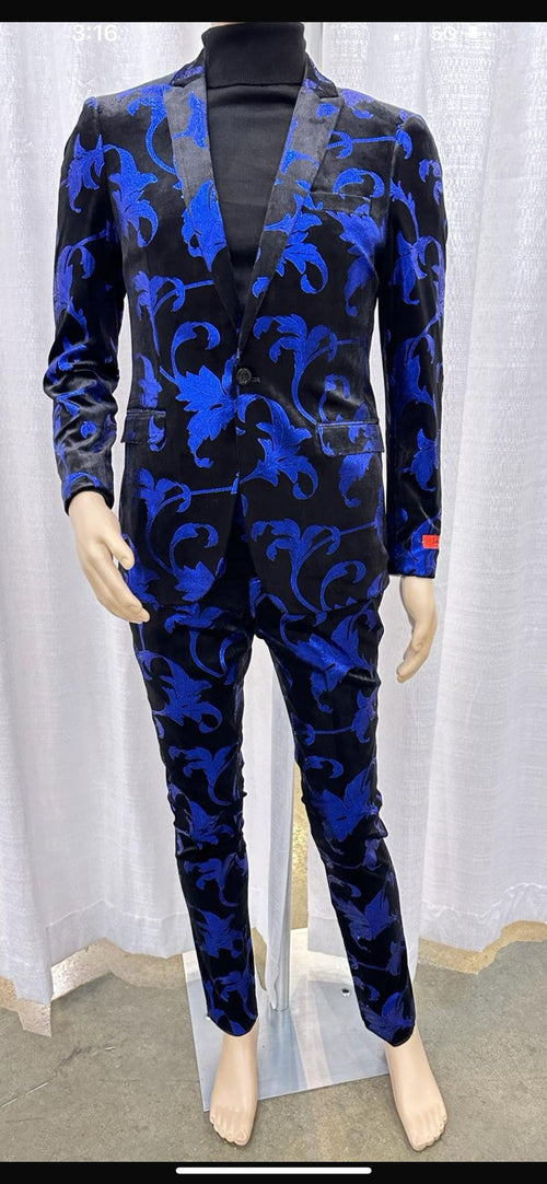 Mens Black and Royal Blue Floral Tuxedo Suit – Slim Fit 2 Piece Velvet Embroidered Outfit for Weddings, Prom, and Formal Events