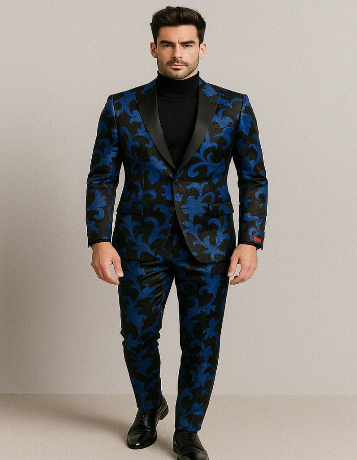 Men’s Black and Royal Blue Floral Slim Fit 2-Piece Velvet Embroidered Suit for Weddings & Prom