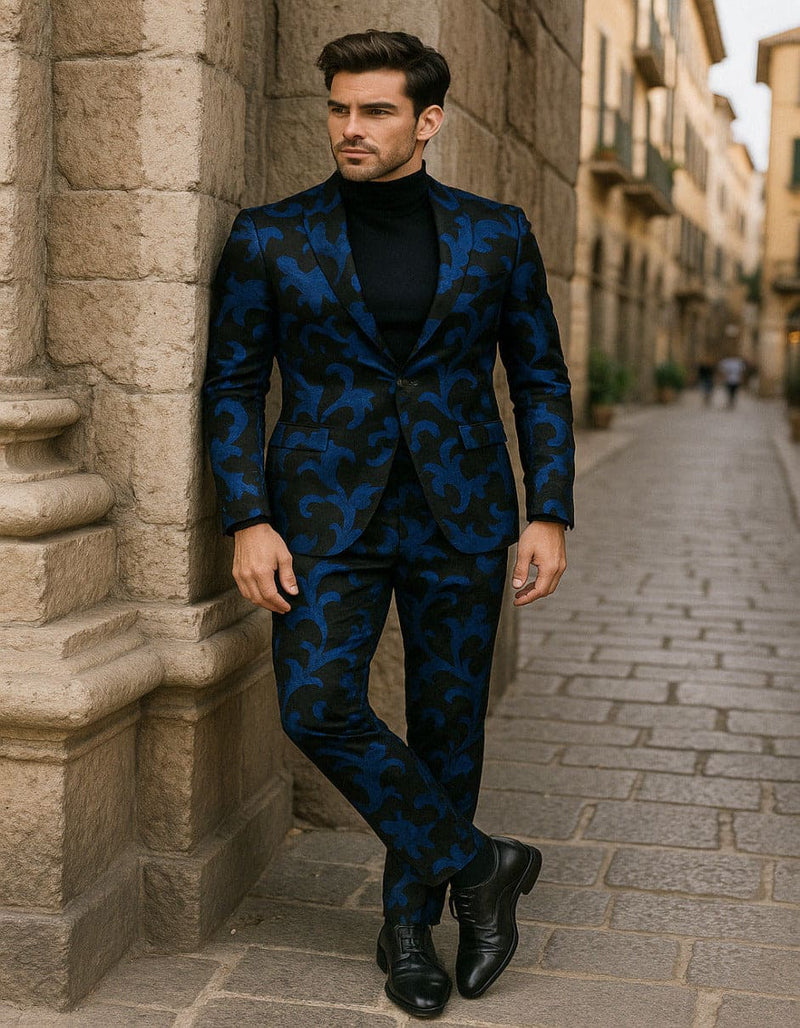 Men’s Black and Royal Blue Floral Slim Fit 2-Piece Velvet Embroidered Suit for Weddings & Prom