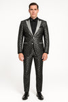 Black and Silver Floral Tuxedo Suit for Men – Luxury Two-Piece Formal Suit with Satin Lapel and Bow Tie