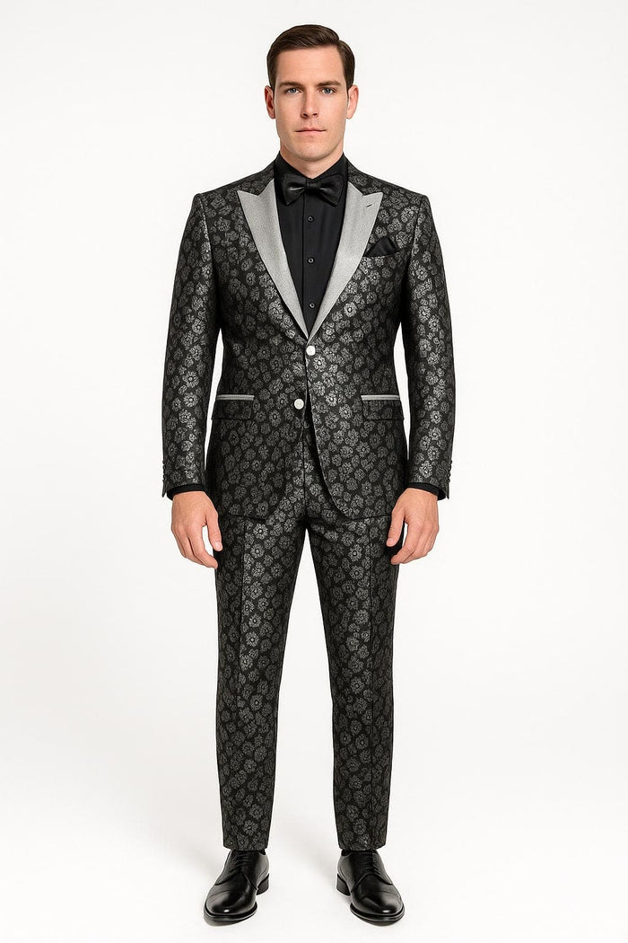 Black and Silver Floral Tuxedo Suit for Men â€“ Luxury Two-Piece Formal Suit with Satin Lapel and Bow Tie