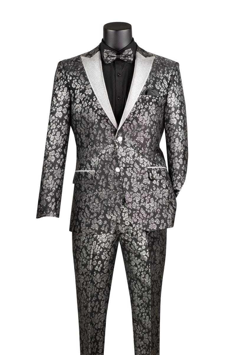 Black and Silver Floral Tuxedo Suit for Men â€“ Luxury Two-Piece Formal Suit with Satin Lapel and Bow Tie