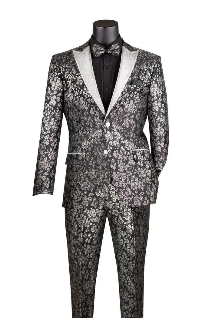 Black and Silver Floral Tuxedo Suit for Men â€“ Luxury Two-Piece Formal Suit with Satin Lapel and Bow Tie