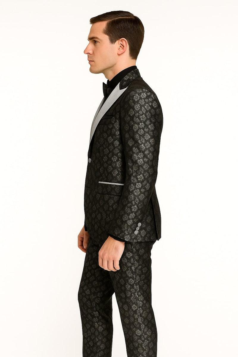 Black and Silver Floral Tuxedo Suit for Men â€“ Luxury Two-Piece Formal Suit with Satin Lapel and Bow Tie
