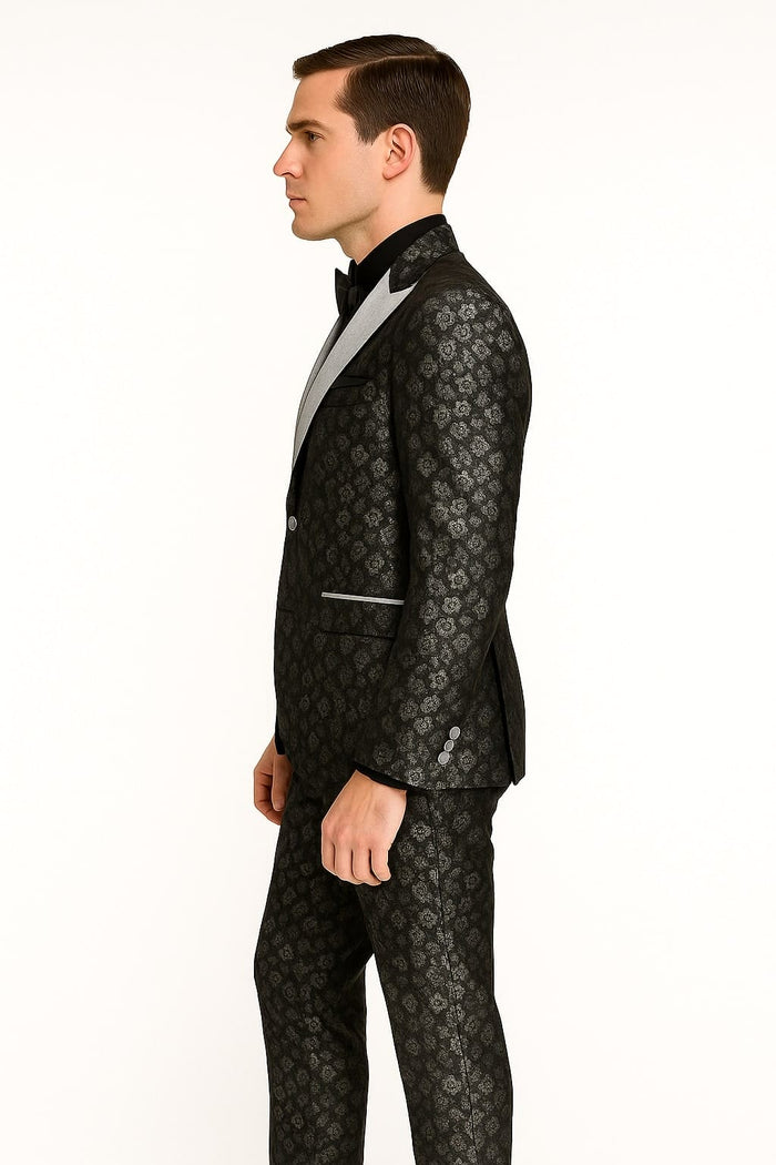 Black and Silver Floral Tuxedo Suit for Men â€“ Luxury Two-Piece Formal Suit with Satin Lapel and Bow Tie