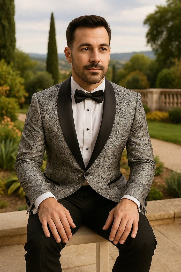 Mens Black and Silver Paisley Tuxedo with Satin Lapel and Bow Tie â€“ Formal Party Suit