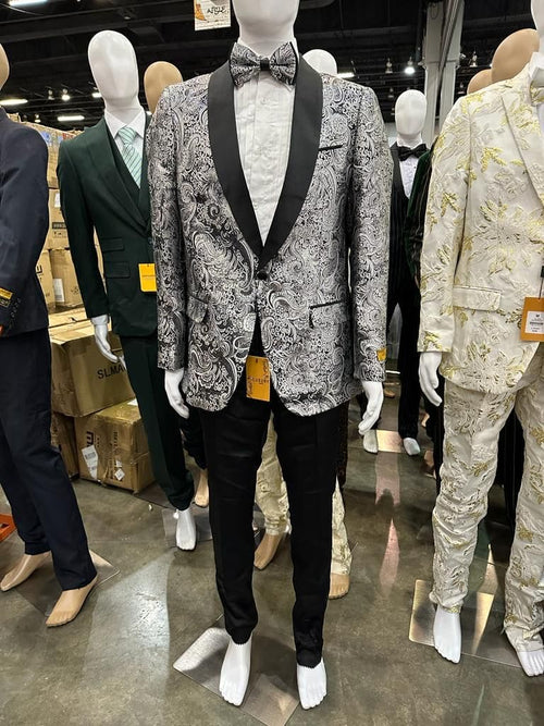 Mens Black and Silver Paisley Tuxedo with Satin Lapel and Bow Tie â€“ Formal Party Suit