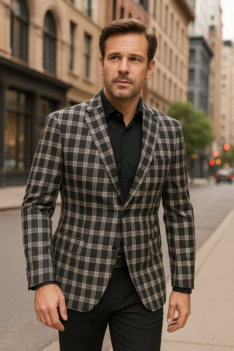 Alberto Nardoni men's black & white plaid blazer. Fitted silhouette, single-button closure, notch lapels, and two side pockets. Classic checkered pattern, tailored sleeves, and cuffs for a formal, contemporary style.
