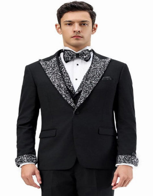 Black and White Prom Tuxedo - Perfect Wedding Suit Vested rhinestone sequin Lapelled