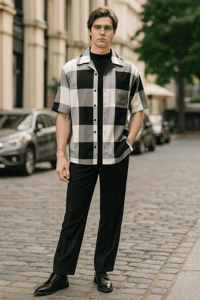 Men's checkered short sleeve shirt and black pants set. Loose-fit, button-down shirt with chest pocket. Tailored straight-leg pants. Lightweight summer fabric.
