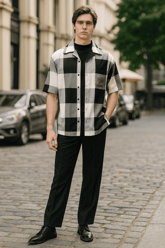 Men's checkered short sleeve shirt and black pants set. Loose-fit, button-down shirt with chest pocket. Tailored straight-leg pants. Lightweight summer fabric.
