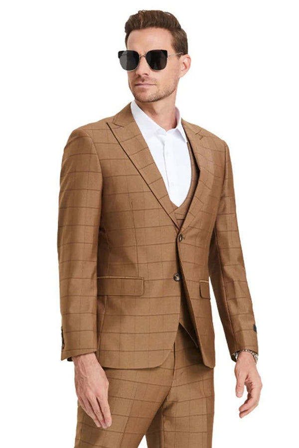 Plaid Suit - Windowpane Suit - Checkered Suit - Mens Vested Walnut Suit