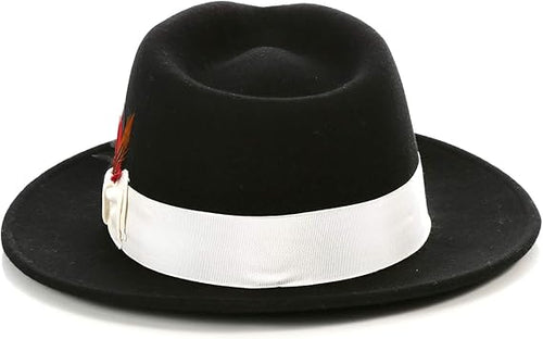 Gangster 100% Australian Wool Crushable Mens Fedora Hat - Removable Feather Gangster  Black/White Mens Fedora Hat