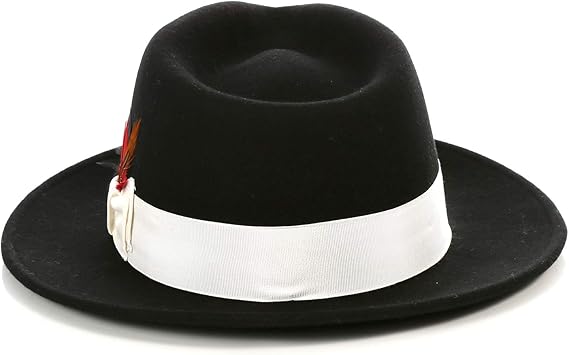Gangster 100% Australian Wool Crushable Mens Fedora Hat - Removable Feather Gangster  Black/White Mens Fedora Hat