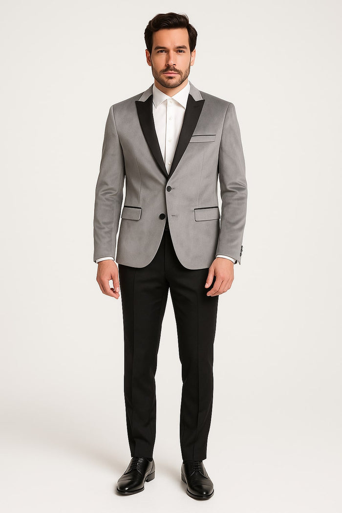 Men's Grey Velvet Tuxedo Jacket with Black Satin Lapel Suit Mens Blazer + Black Pants