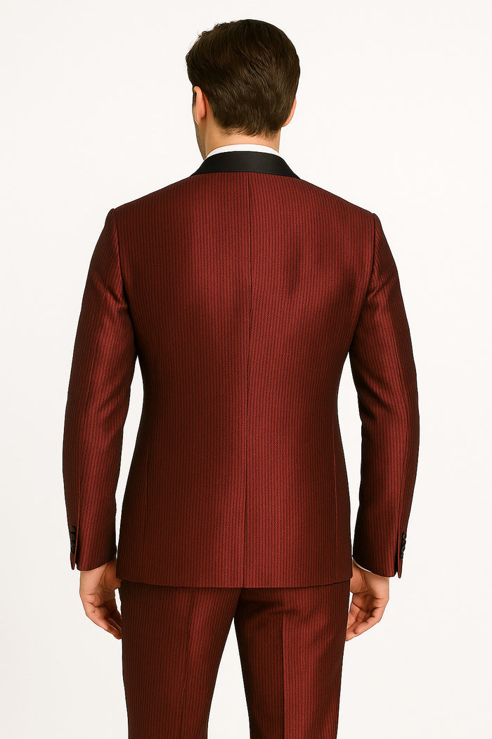 Men's Burgundy Shiny Tuxedo with Black Satin Shawl Lapel â€“ Ultra Slim Fit Party & Prom Suit