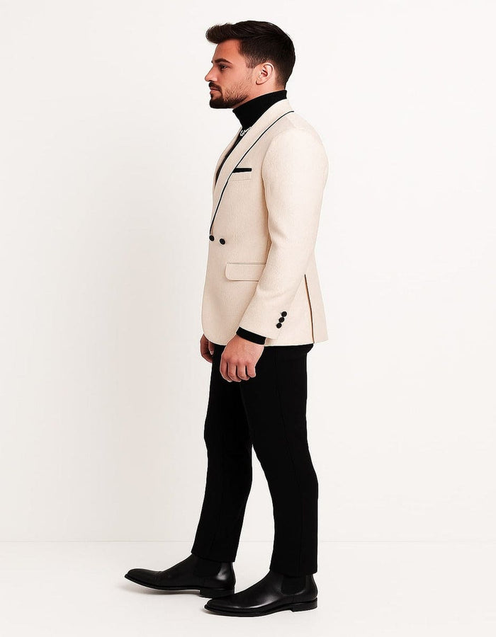 Mens Cream Jacquard Double-Breasted Tuxedo with Black Trim  Formal Blazer for Weddings & Events Ivory Color