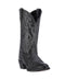 Laredo Maddie women's boot: Black leather, pointed toe, intricate stitching, mid-calf height, V-shaped opening, and a slightly raised heel. Stylish and sleek design.
