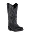 Laredo men's boot in black leather with floral gray stitching. Features a pointed toe, stacked heel, and scalloped top edge with pull tabs. Structured outsole.
