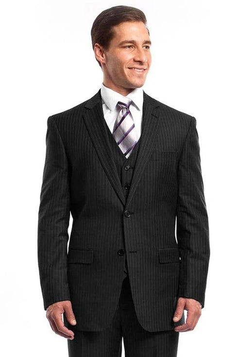 Men's Two Button Vested Business Black Pinstripe Suit