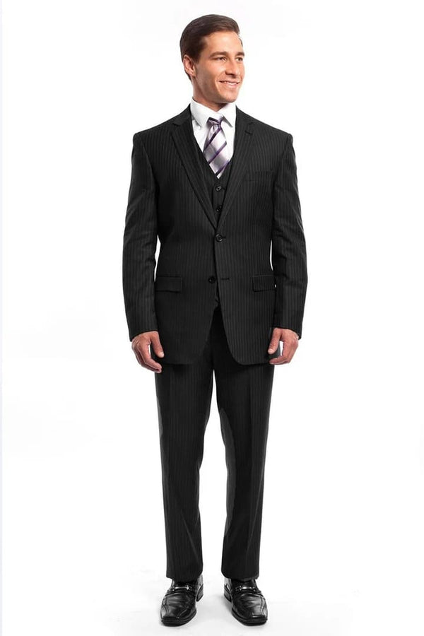 Men's Two Button Vested Business Black Pinstripe Suit