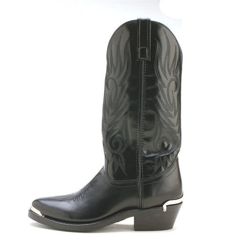 Laredo black leather boots with a tall shaft, detailed black stitching, and a pointed toe. Smooth black leather upper with angled heel and metallic accent.
