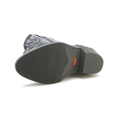 Black Laredo Crazy Horse leather boots with textured finish and pointed toe. Rubber sole with ridged pattern and red heel accent. Decorative stitching enhances structure.
