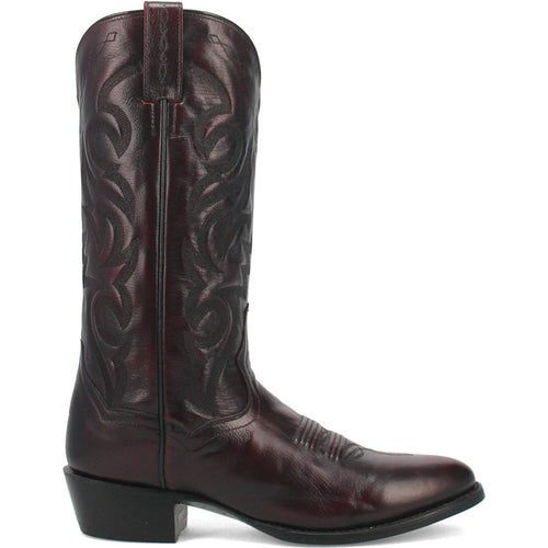 Dan Post Men's Milwaukee cowboy boot: Cherry black leather, 13" shaft with detailed stitching. Round toe, stacked heel. Features pull tabs for easy wear.