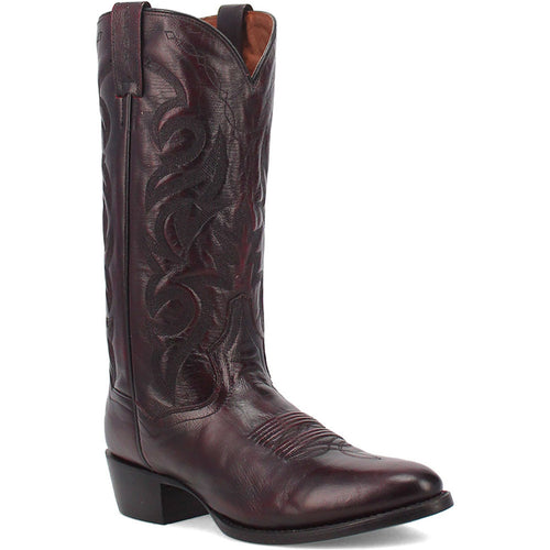 Dan Post Men's Milwaukee Cowboy Boot in cherry black. 13" tall, round toe, leather construction. Intricate stitching on the shaft. Block heel. Lined interior for comfort.
